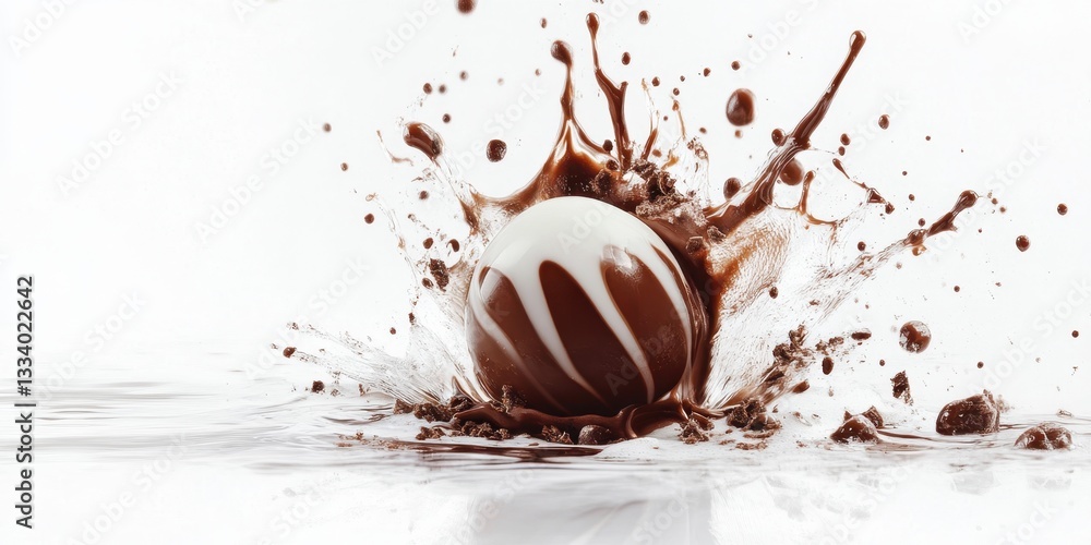 Poster chocolate orb splash: captivating moment of a chocolate-covered orb colliding into a liquid, creatin