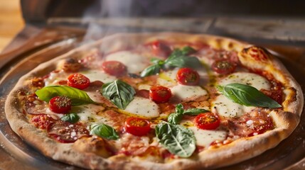 Delicious pizza with fresh ingredients steaming.