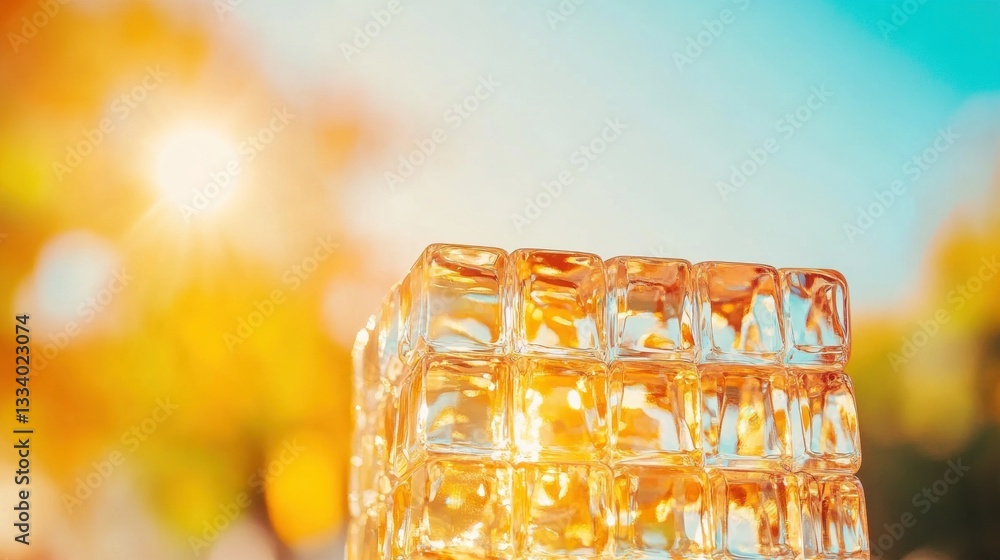 Poster sunlight glimmers on clear ice cubes stacked together, evoking a warm and refreshing atmosphere perf