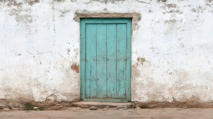A distressed turquoise wooden door set in a cracked white plaster wall
