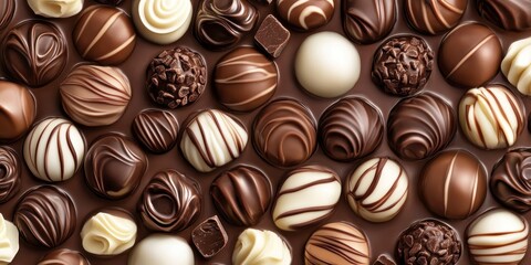 Fototapeta premium Chocolate Assortment: An overhead view of an exquisite assortment of gourmet chocolates, showcasing a diverse array of textures, shapes, and delectable fillings, ideal for indulgence and gifting.