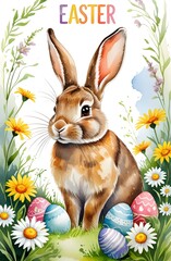 Happy Easter! Watercolor hand drawn painting of a easter wreath with colorful eggs and spring flowers. Vector illustration isolated on white background.