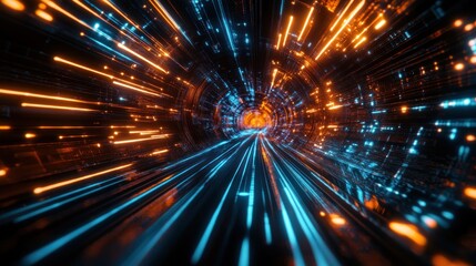 Fototapeta premium Neon Lights Tunnel: A Journey Through Cyberspace