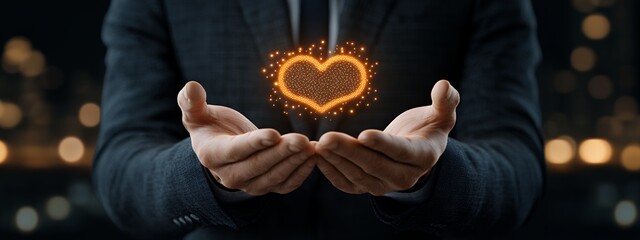 Glowing Orange Heart Held in Hands, Dark Suit, Bokeh Lights Background