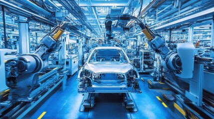 A futuristic factory assembly line with glowing blue lighting and automated machines