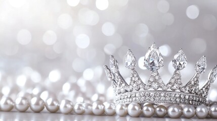 A glittering diamond crown captured against a shimmering pearl-gray background