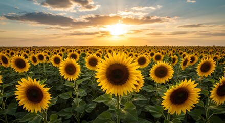 Fototapeta premium Sunflower Field at Sunset Blooming Under Golden Light in Summertime
