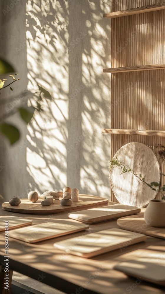 Aufkleber A simple yet elegant setup of a wooden table with plates and a vase filled with flowers, perfect for various occasions