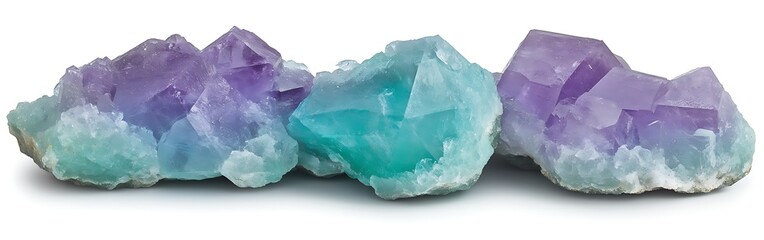 Fototapeta premium Crystals minerals, colorful rocks in shades of purple and teal displayed on white. Background is empty