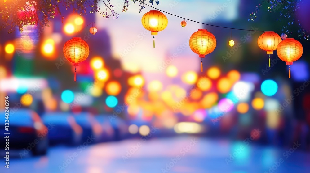 Poster a vibrant street scene illuminated by colorful lanterns, creating a warm and festive atmosphere duri