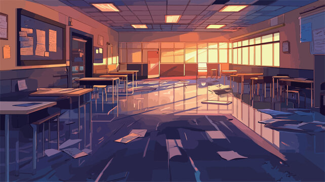 The image is a digital illustration depicting the interior of a classroom flooded with water.?The style is reminiscent of anime or cartoon art. The scene shows several desks and chairs partially