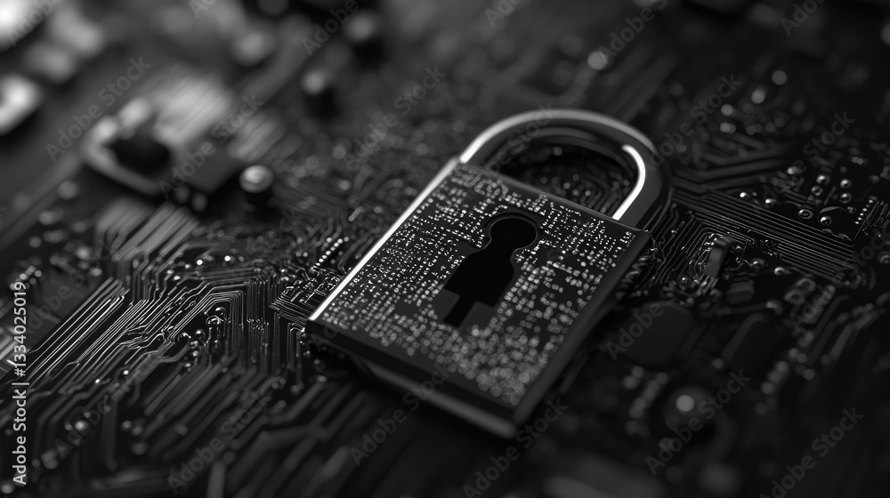 Poster cybersecurity data protection digital lock on circuit board