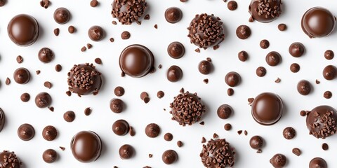 Obraz premium Chocolate Assortment: A delightful assortment of chocolate candies, boasting various textures and sizes, artfully arranged to tantalize the taste buds.