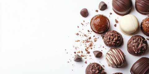 Fototapeta premium Exquisite Chocolate Assortment: a luxurious assortment of gourmet chocolates, carefully arranged, offering a tempting array of flavors and textures.