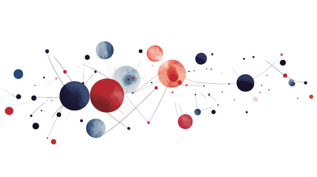 The image is a digital illustration depicting an abstract network.  It features numerous spheres of varying sizes in shades of red, blue, and grey, interconnected by thin, light grey lines against