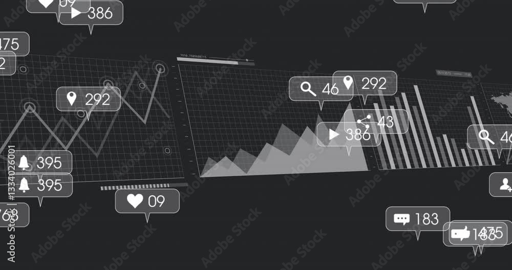 Aufkleber overlaying animation of engagement icons on data analytics graphs on dark background