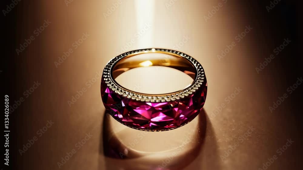 Poster a ring with a pink stone in the center. the stone is surrounded by diamonds. the ring is on a table