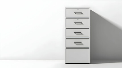 Gray metal five-drawer filing cabinet against a white wall for office organization and storage