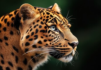 Naklejka premium Majestic Portrait of a Leopard with Striking Features and Vibrant Fur Patterns Against a Soft Dark Background