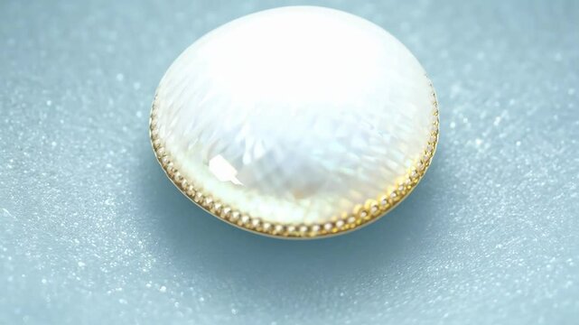 A white and gold colored stone with a gold rim. It is sitting on a blue surface. The stone is round and has a shiny appearance