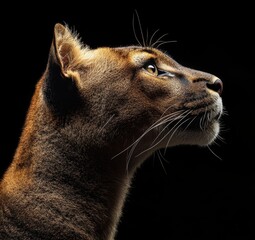 Naklejka premium Majestic Profile of a Cougar Showcasing Grace and Power Against a Dark Background with Intense Eyes and Detailed Fur Texture