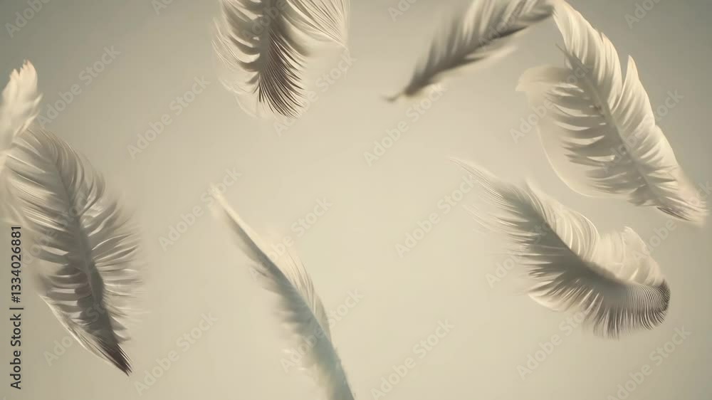 Poster a few white feathers are flying in the air. they are scattered in different directions. the feathers