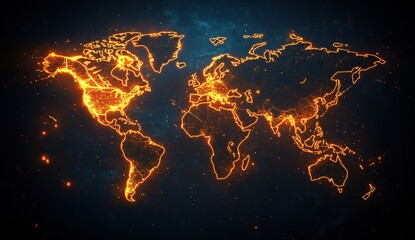Global Interconnections: A Fiery World Map Visualization Showing Connections Between Continents and Countries Globally