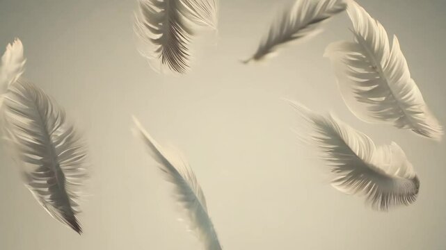 A few white feathers are flying in the air. They are scattered in different directions. The feathers are not in a row, but rather in a scattered pattern