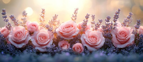 Pink roses and lavender in soft sunlight.