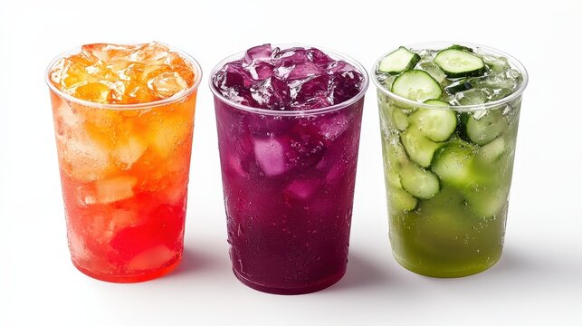 Three different ice-cold agua fresca drinks displaying hibiscus, tamarind, and cucumber flavors for a refreshing experience
