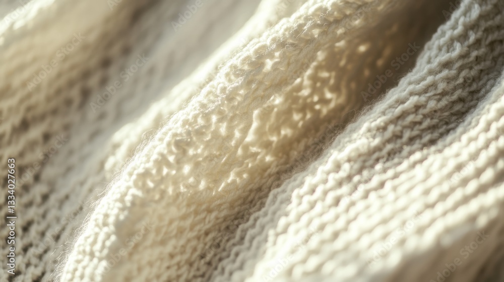 Poster close-up view of soft cream knit fabric textures highlighting the intricate patterns and warm tones