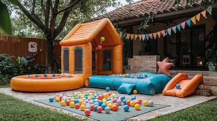 Backyard inflatable playhouse, ball pit, and slide party