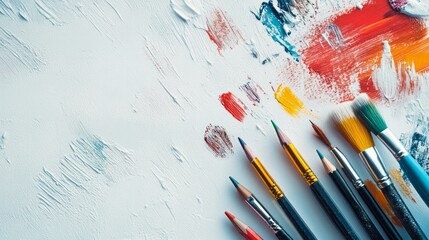 Obraz premium minimalistic flat lay of vibrant colored pencils and brushes on a clean white canvas, creative workspace theme 