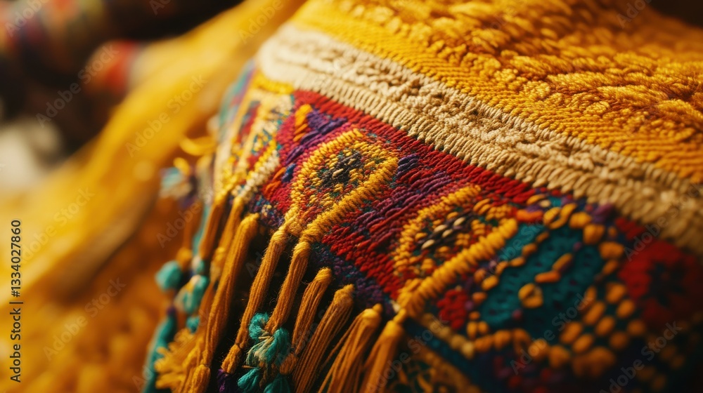 Poster close-up of elegant textile pattern with vibrant colors and texture