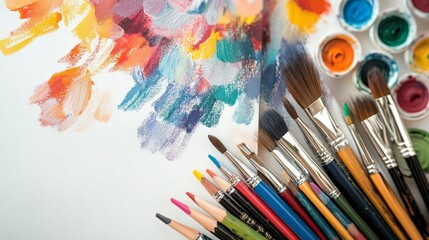 Obraz premium minimalistic flat lay of vibrant colored pencils and brushes on a clean white canvas, creative workspace theme 