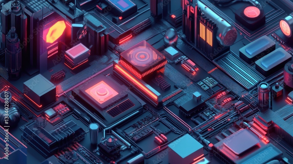 Poster abstract 3d render of futuristic circuit board with neon lights and glowing components