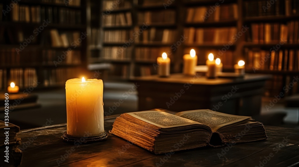 Poster a burning candle illuminates an open book in a library setting
