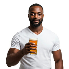Muscular man holding a glass of beer, isolated on white background
