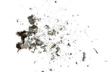 Ash abstract particle. Burnt paper isolated on white