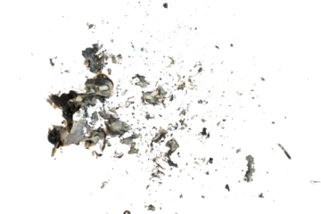 Ash abstract particle. Burnt paper isolated on white