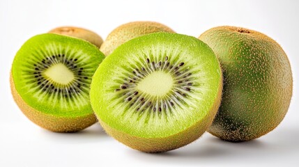Fototapeta premium Green kiwi fruits, one cut in half revealing orange-yellow core and deep red-brown patterns, high-resolution macro shot on white background.