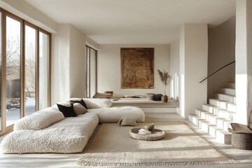 Cozy and serene living space featuring natural textures in a sunlit modern home setting