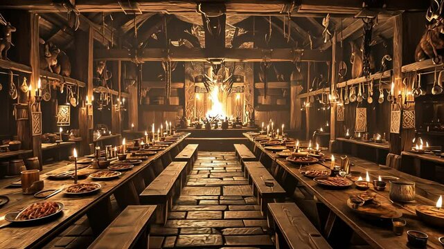 Enjoy a Rustic Medieval Banquet Hall with Warm Lighting and a cozy vibe