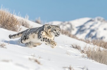 Obraz premium Majestic Snow Leopard in Mid-Run Across a Snowy Landscape with Gorgeous Mountain Background Under Clear Blue Sky