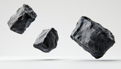 Naklejka premium Three dark grey, irregular-shaped cubes, levitating against a plain white background