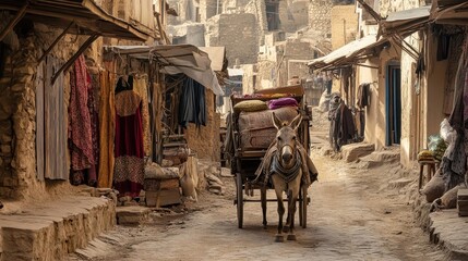 A donkey pulls a cart down a narrow ancient stone street