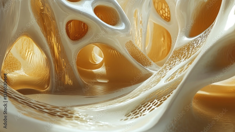 Fototapete abstract 3d render of a biomorphic organic structure with honeycomb and cavelike forms in warm yello