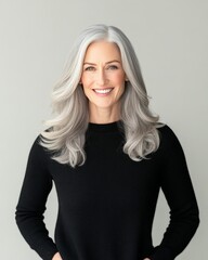 Fototapeta premium Senior woman with flowing gray hair and black shirt smiling softly against a soft gray backdrop in a peaceful portrait