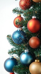 Obraz premium Festive Christmas tree decorated with colorful spherical ornaments displayed closely