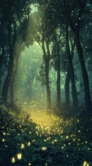 Naklejka premium A mystical forest scene filled with enchanting glowing lights